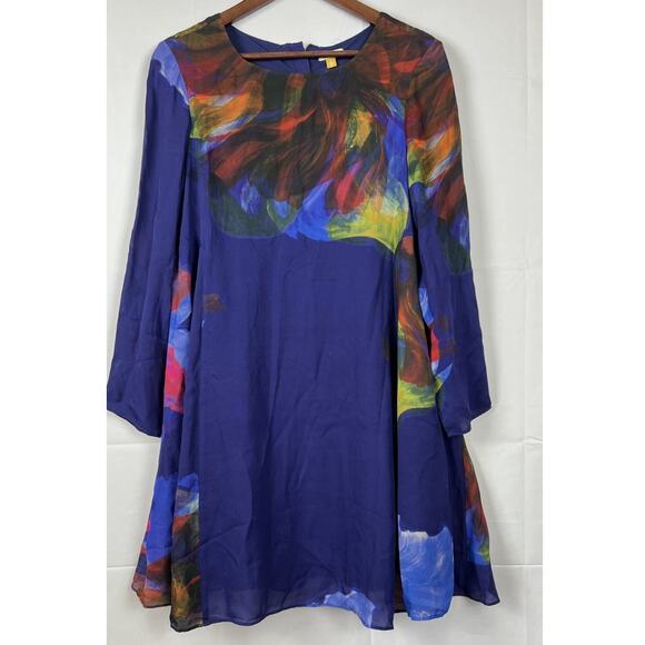 Anthropologie Leifsdottir Blue Silk Swing Dress Abstract Floral Back Zip M - Picture 7 of 10